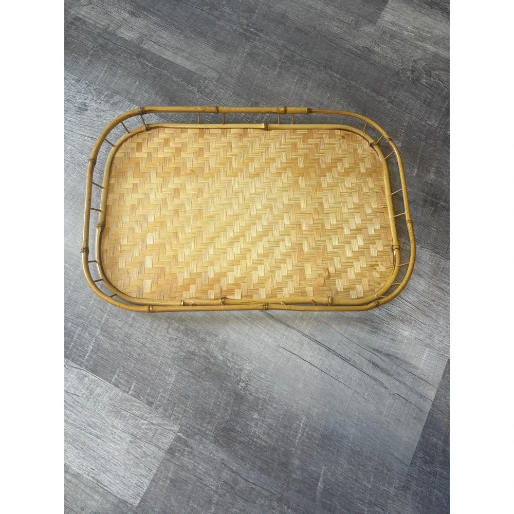Vintage Woven Bamboo Rattan Serving Tray Rectangular Boho‎ Coastal Decor 19x13